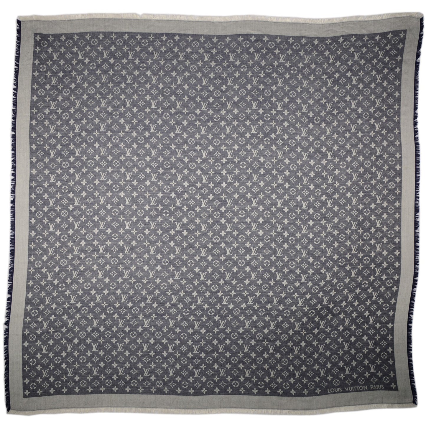 Wool Silk Monogram Denim Shawl Blue
