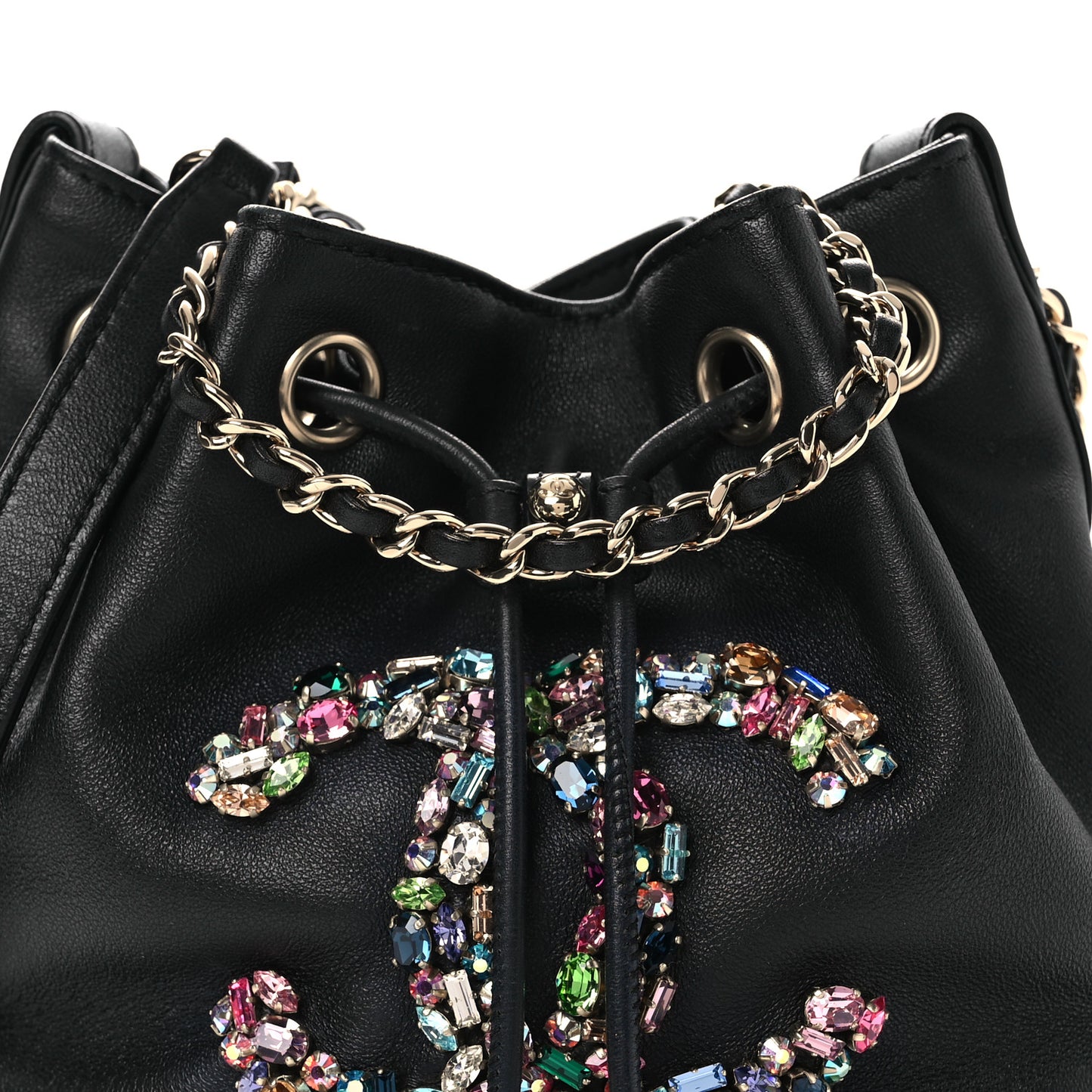 Lambskin Calfskin Quilted Mini Strass Mania Drawstring Bucket Bag Black