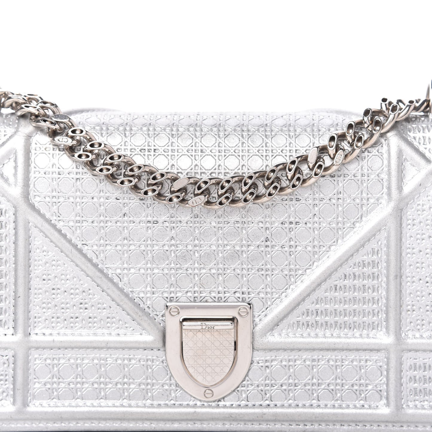 Metallic Calfskin Micro-Cannage Mini Diorama Flap Bag Silver