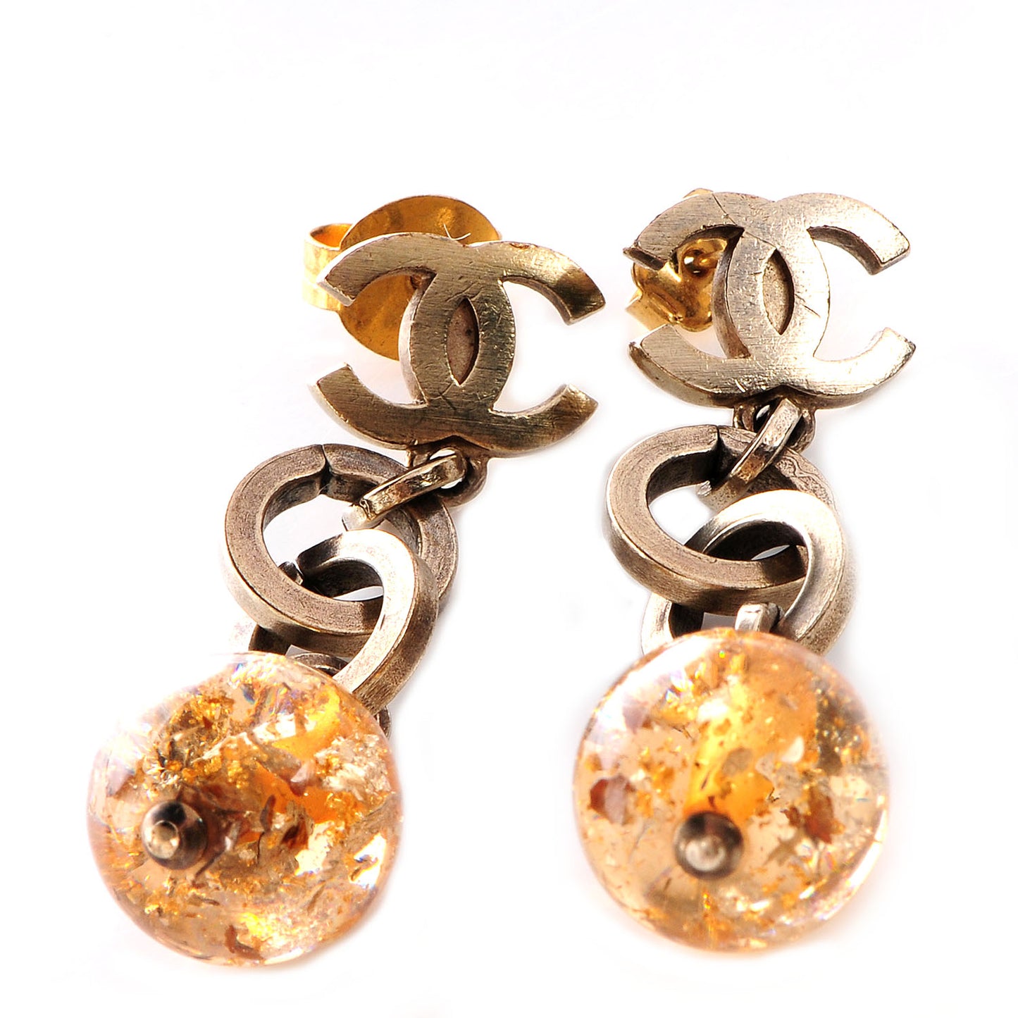 Brushed Metal Bead CC Drop Earrings Gold