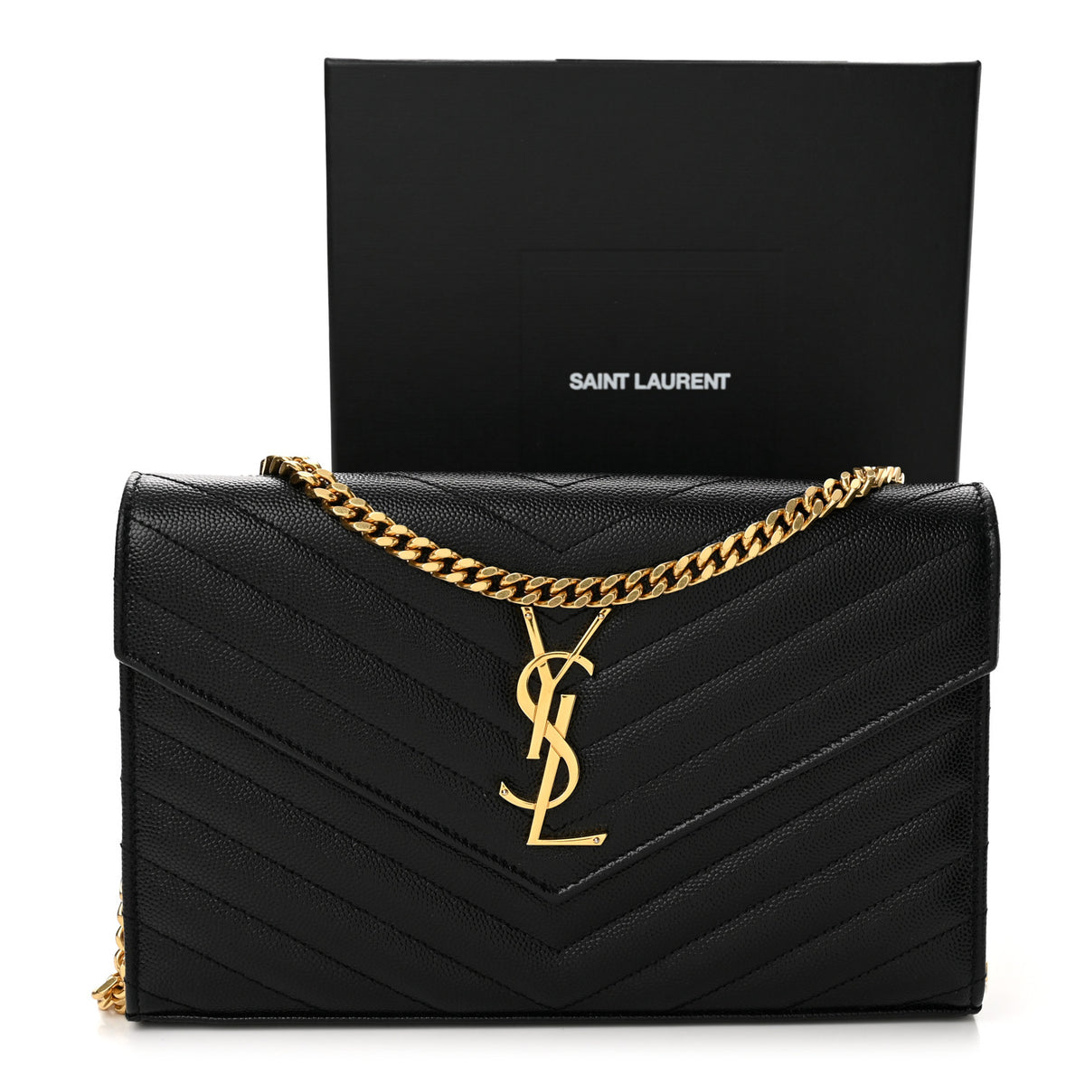 Saint Laurent Grain De Poudre Matelasse Chevron Monogram Envelope Chain Wallet Black 12 of 12