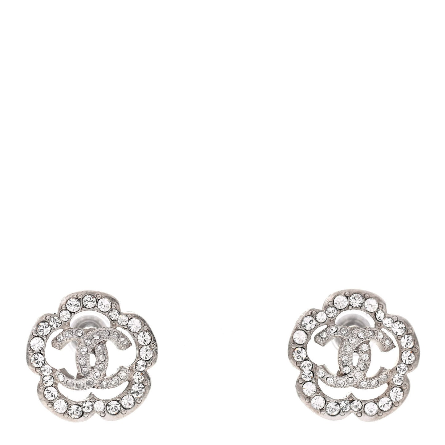 Crystal Coco Flapper Camellia CC Stud Earrings Silver