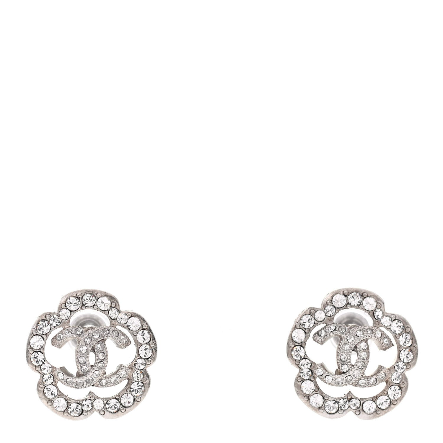 Chanel Crystal Coco Flapper Camellia CC Stud Earrings Silver 1 of 4