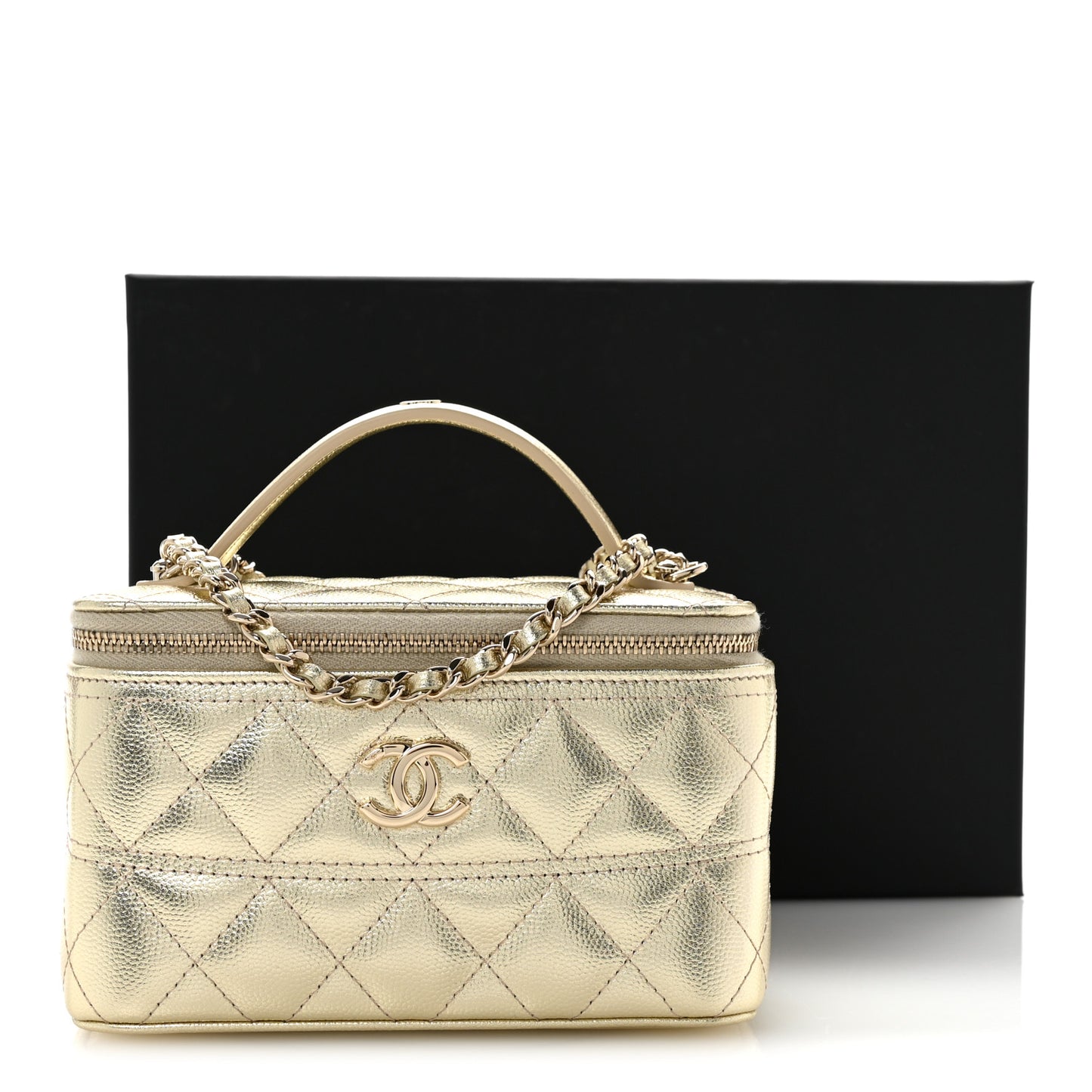 Metallic Caviar Quilted Trendy Handle Slim Vanity Gold