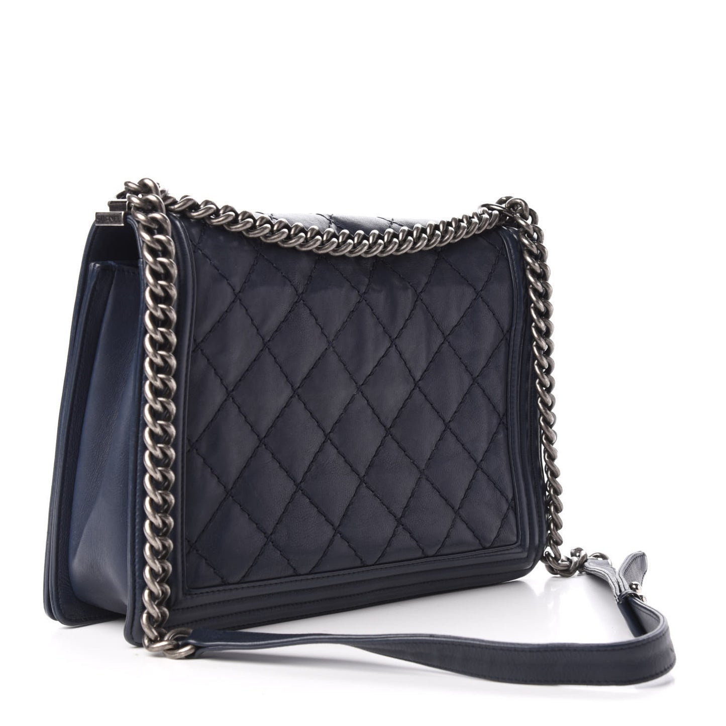 Calfskin Double Stitch Large Boy Flap Navy Blue