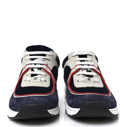 Chanel Calfskin Velvet CC Sneakers 40.5 Navy Silver Red 2 of 7