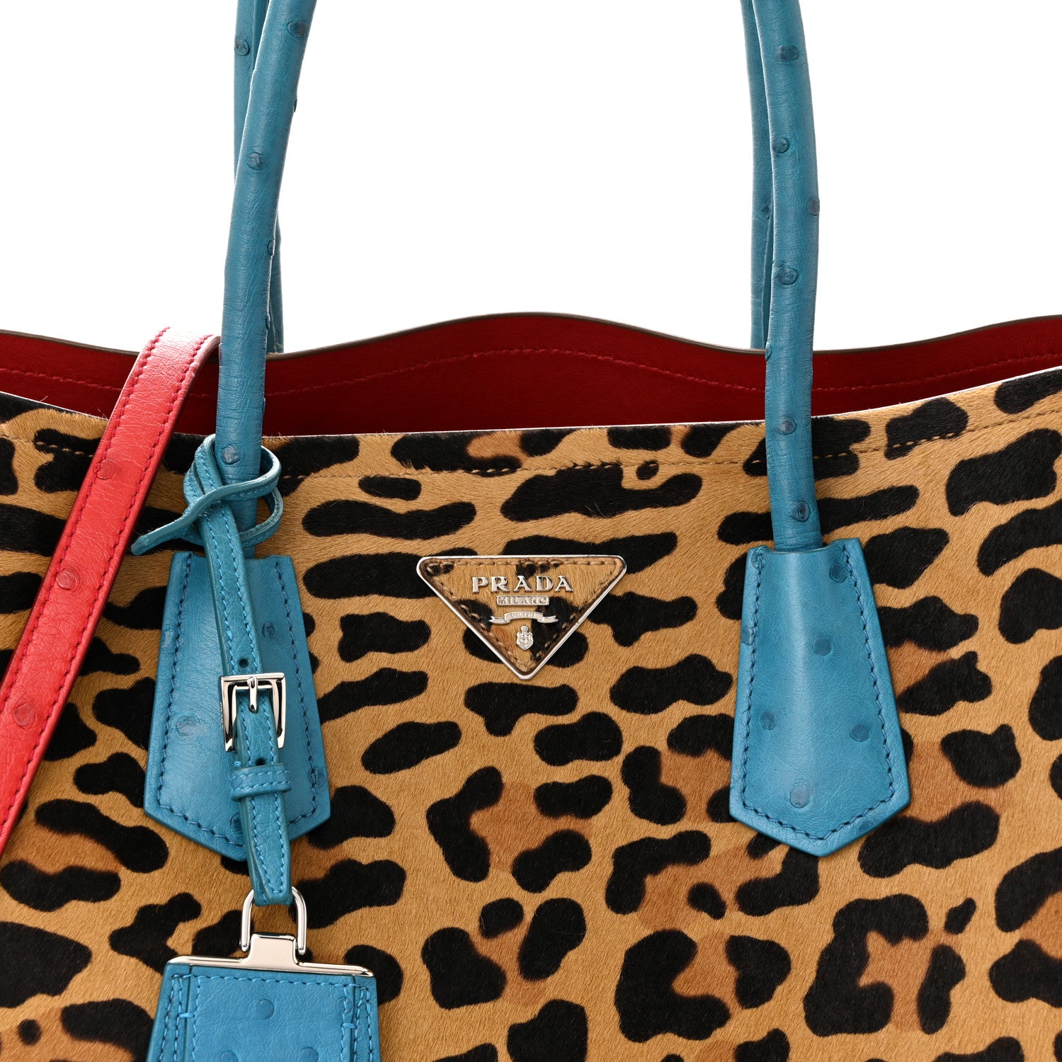 Prada Calf Hair Ostrich Leopard Print Medium Double Bag Miele