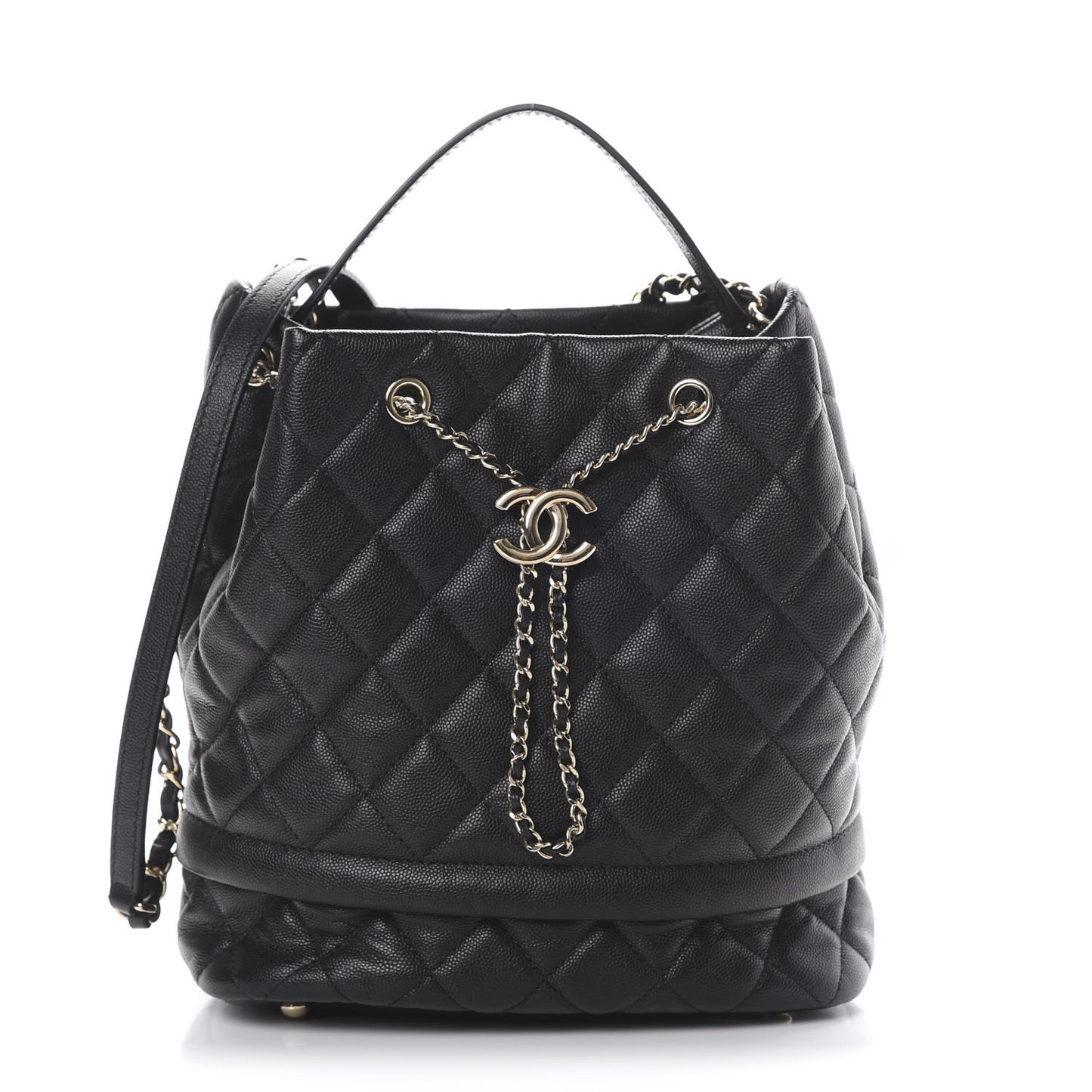 Caviar Quilted Large Rolled Up Bucket Drawstring Bag Black