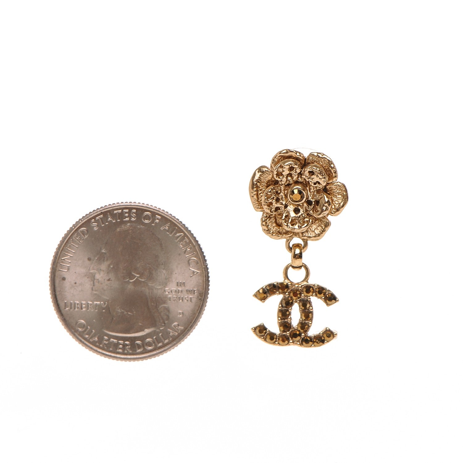 Chanel Crystal CC Camellia Drop Earrings Gold 2 of 4
