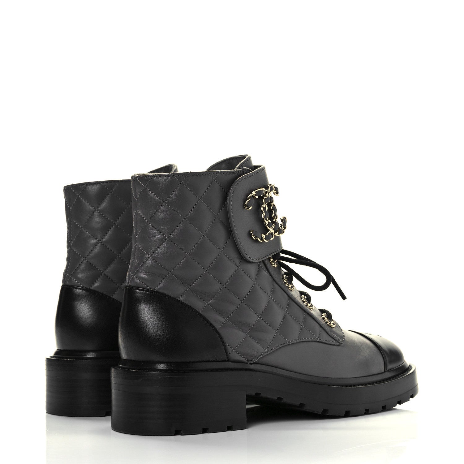 Chanel Shiny Lambskin Quilted Lace Up Combat Boots 38.5 Grey Black 4 of 8