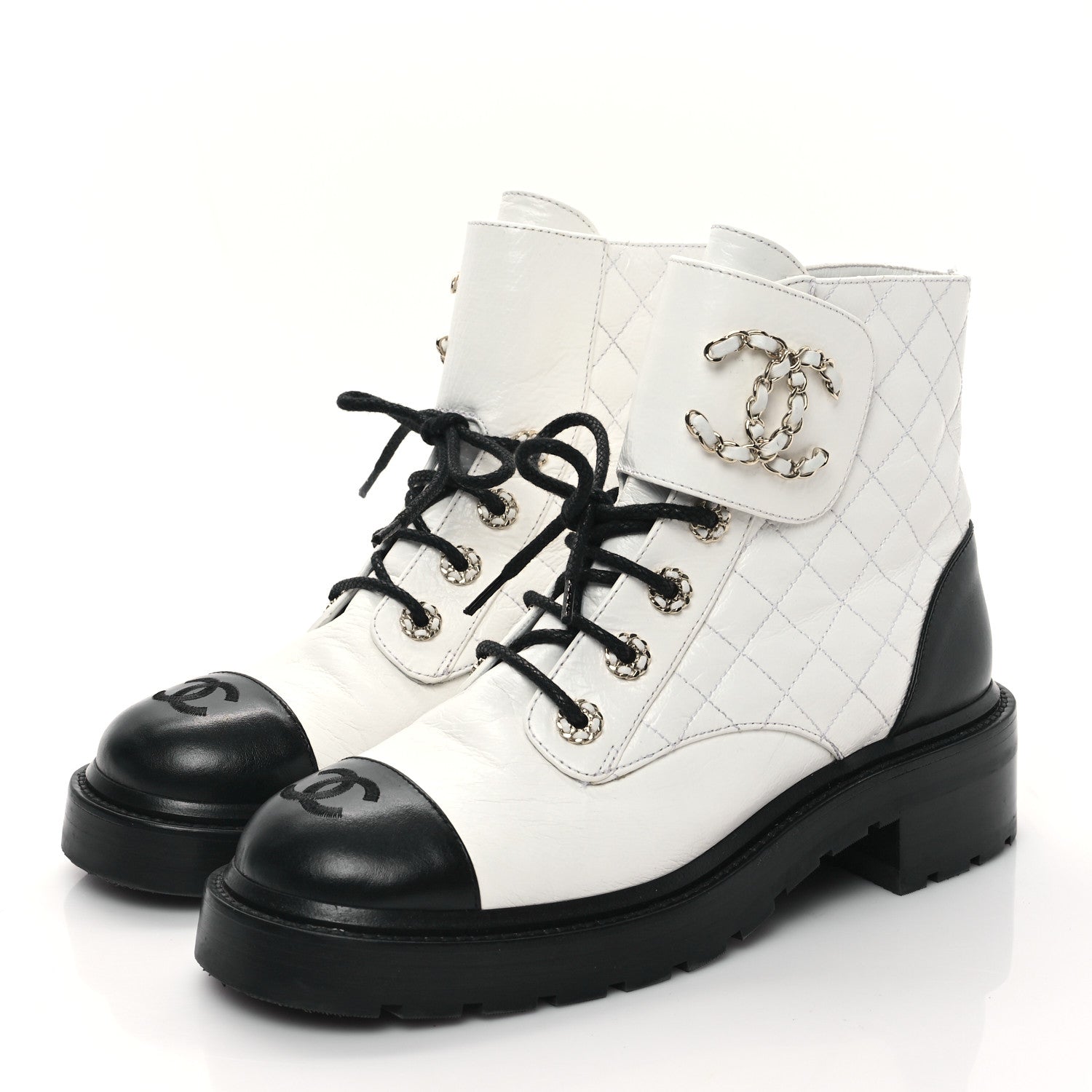 Chanel Shiny Goatskin Calfskin Quilted Lace Up Combat Boots 39 White Black 4 of 10