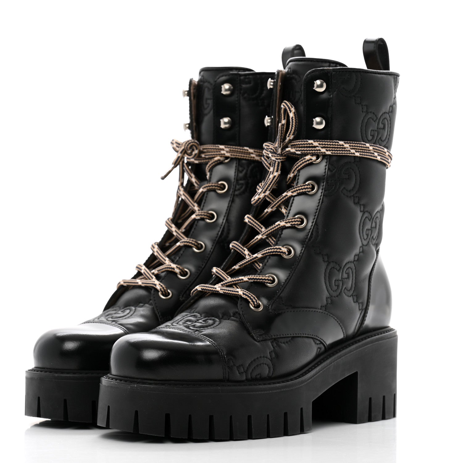 Gucci Cordovan Lux Nappa GG Matelasse Lace Up 60mm Combat Boots 37.5 Black 4 of 15