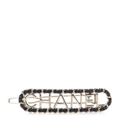 Chanel Metal Lambskin Vintage Allure Logo Hair Clip Black Gold 1 of 4