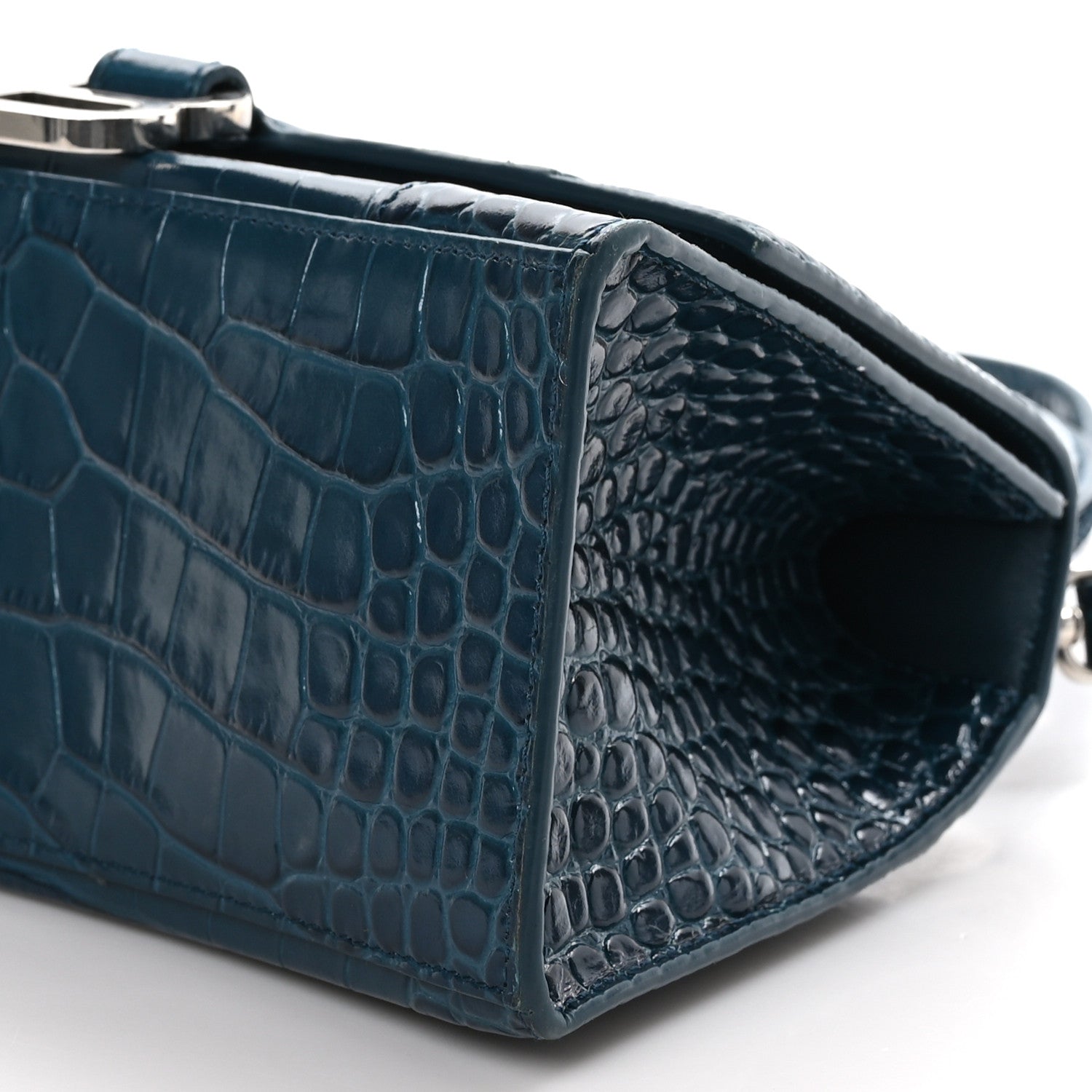 Balenciaga Shiny Calfskin Crocodile Embossed Small Hourglass Top Handle Bag Dark Petrol Blue 9 of 9