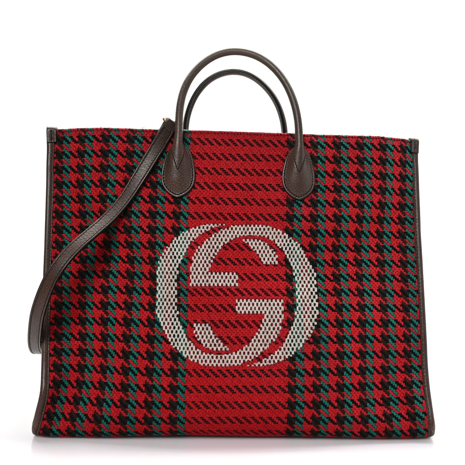 Gucci Cotton Wool Textured Calfskin Houndstooth Woven Large Interlocking G Tote Red Green Ivory Multicolor New Acero 1 of 11