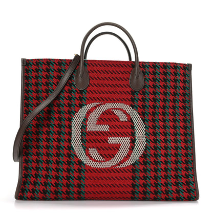Gucci Cotton Wool Textured Calfskin Houndstooth Woven Large Interlocking G Tote Red Green Ivory Multicolor New Acero 1 of 11