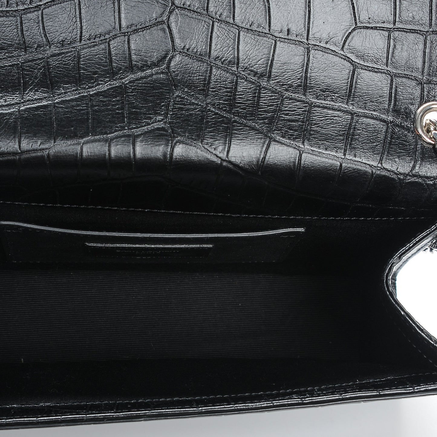 Calfskin Crocodile Embossed Medium Classic Monogram Kate Tassel Satchel Black