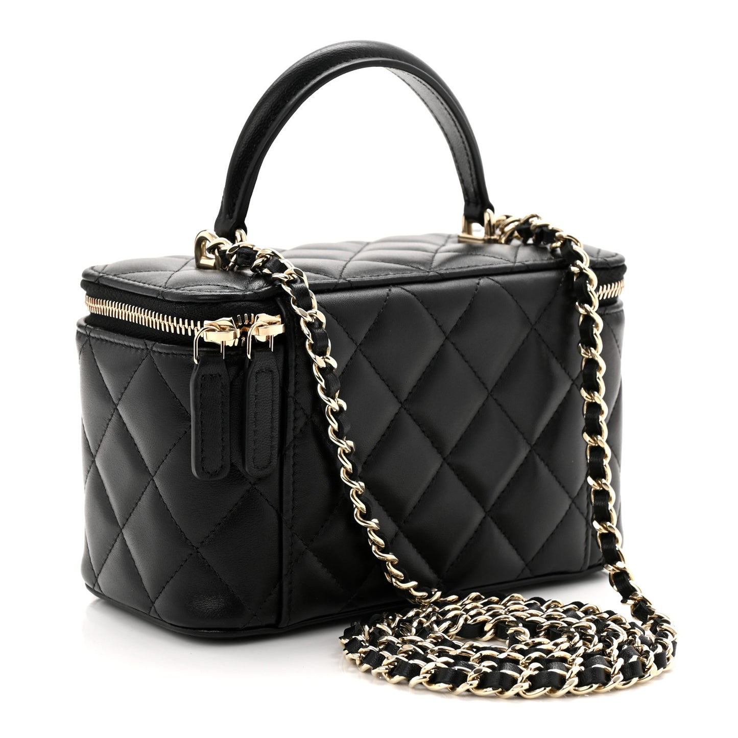 Lambskin Quilted Small Top Handle Vanity Case With Chain Black