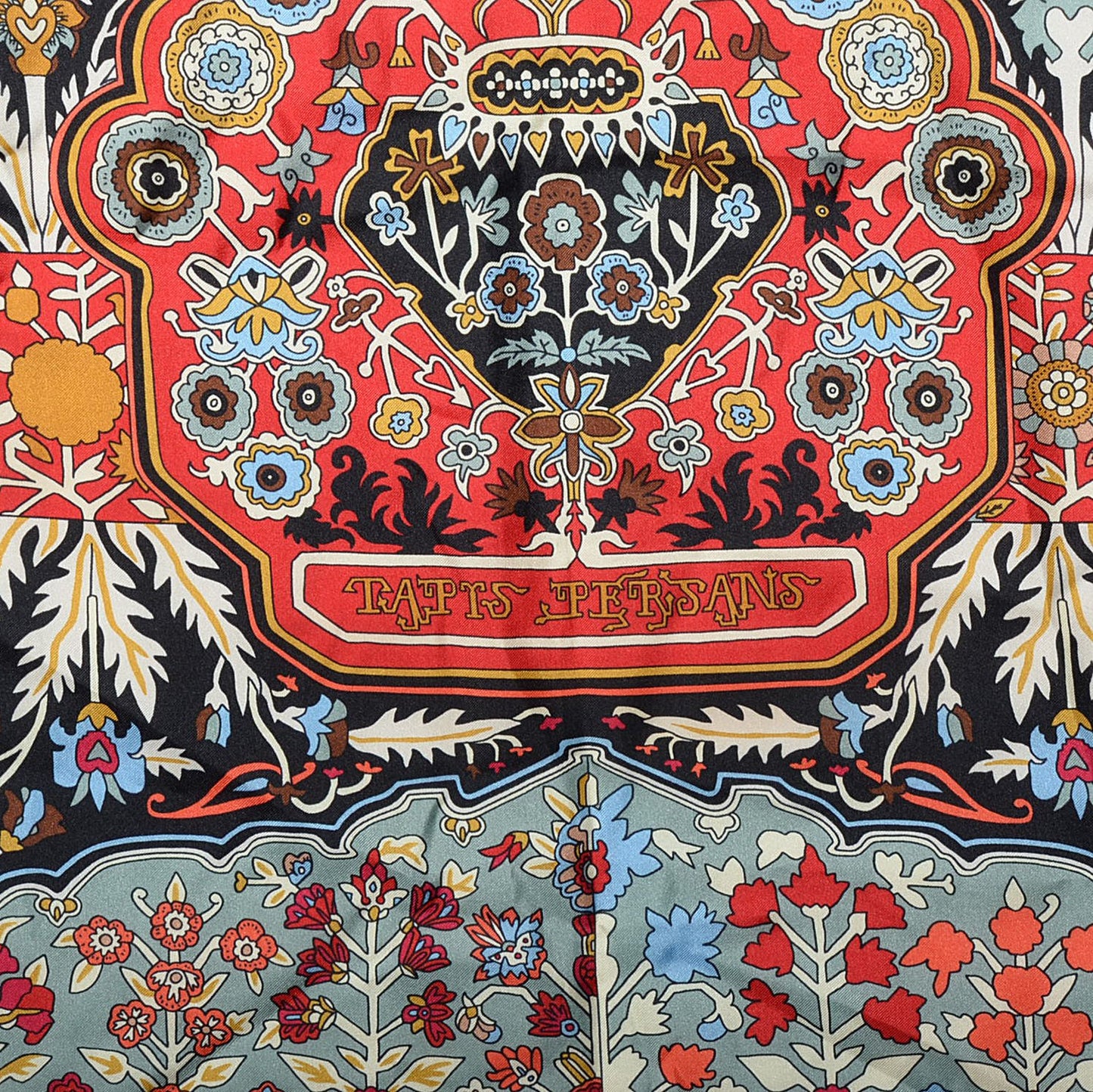 Silk Twill Tapis Persans Giant Plume Scarf 140 Aqua Black Brick Red