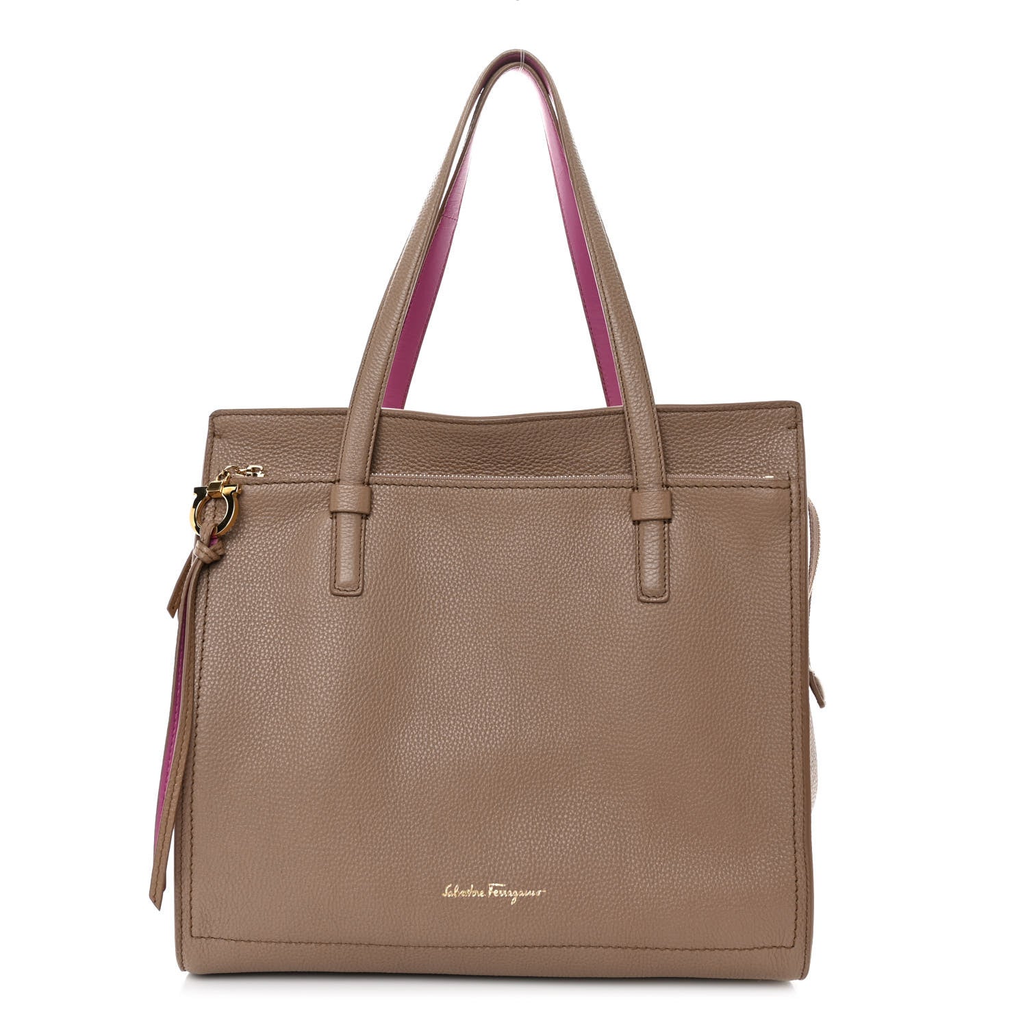 Salvatore Ferragamo Grained Calfskin Double Handle Medium Amy Tote Beige Pink 1 of 11