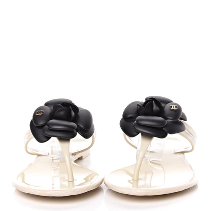 Chanel Jelly Camellia Thong Sandals 39 Ivory Black 2 of 15