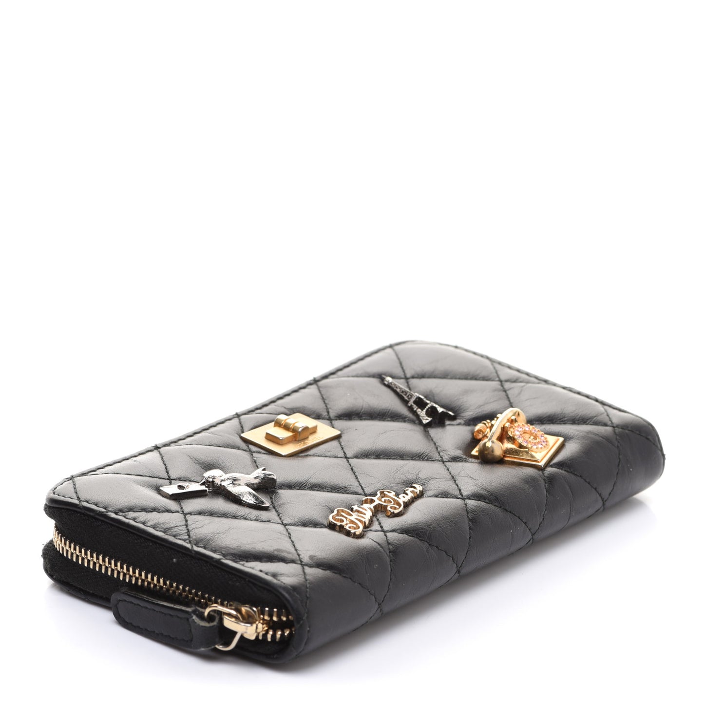 Aged Calfskin Quilted Small Lucky Charms 2.55 Reissue Zip Around Wallet Black