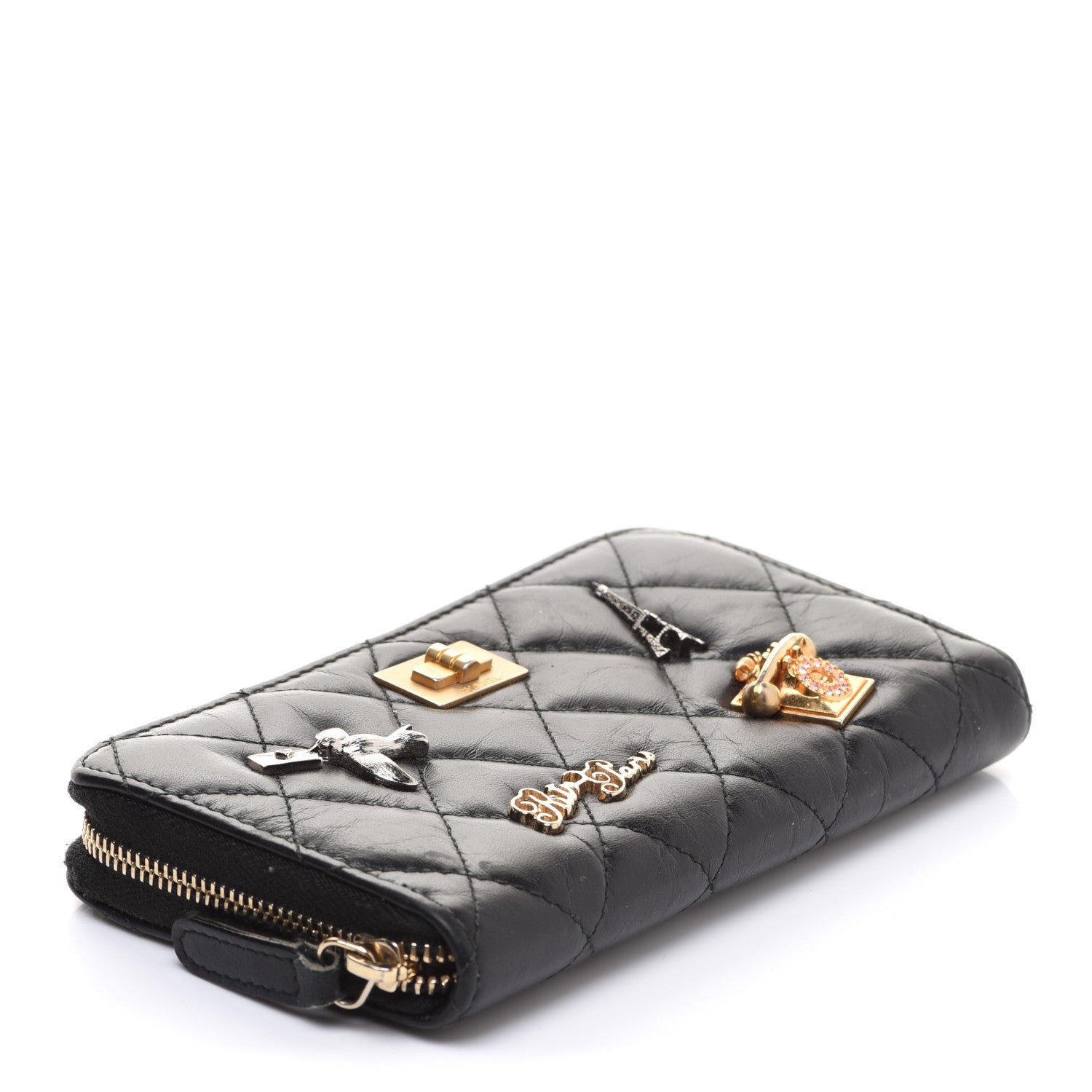 Chanel Aged Calfskin Quilted Small Lucky Charms 2.55 Reissue Zip Around Wallet Black 4 of 11