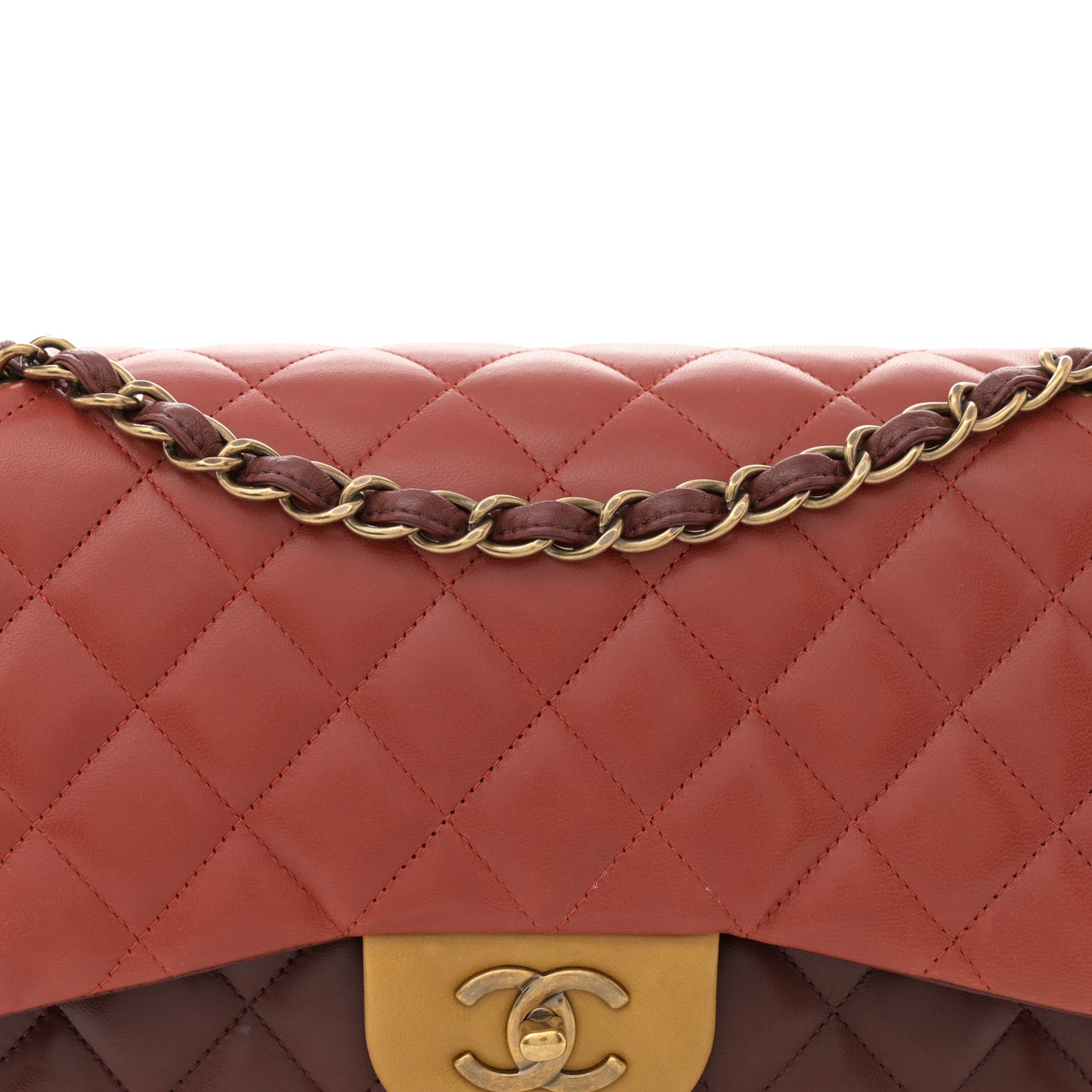 Lambskin Quilted Tri-Color Jumbo Double Flap Orange Burgundy Yellow