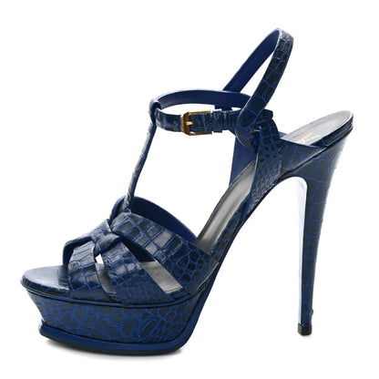 Saint Laurent Calfskin Crocodile Embossed Tribute 105 Platform Sandals 39 Blue 1 of 7