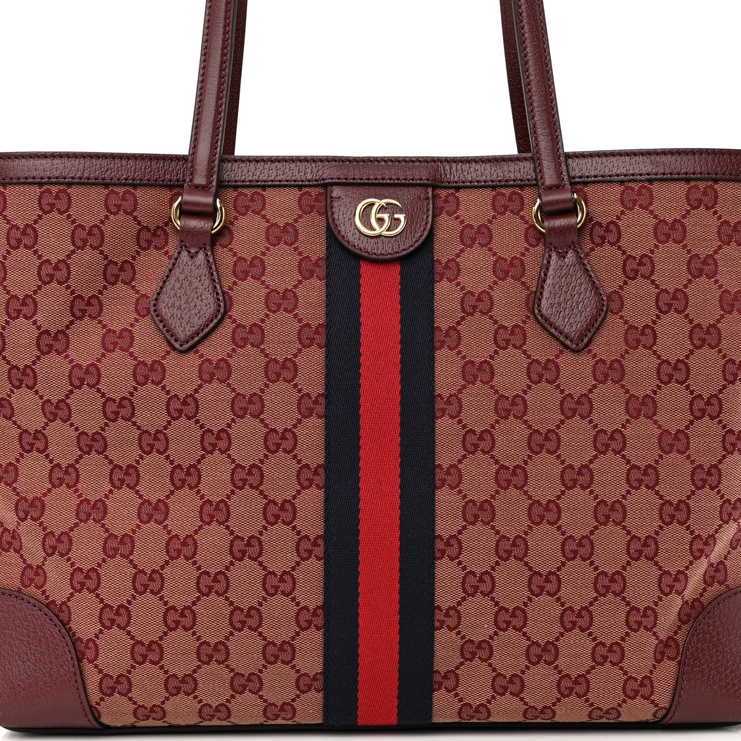 Monogram Textured Dollar Calfskin Web Medium Ophidia Shopping Tote Sahara Rubino Chardonnay