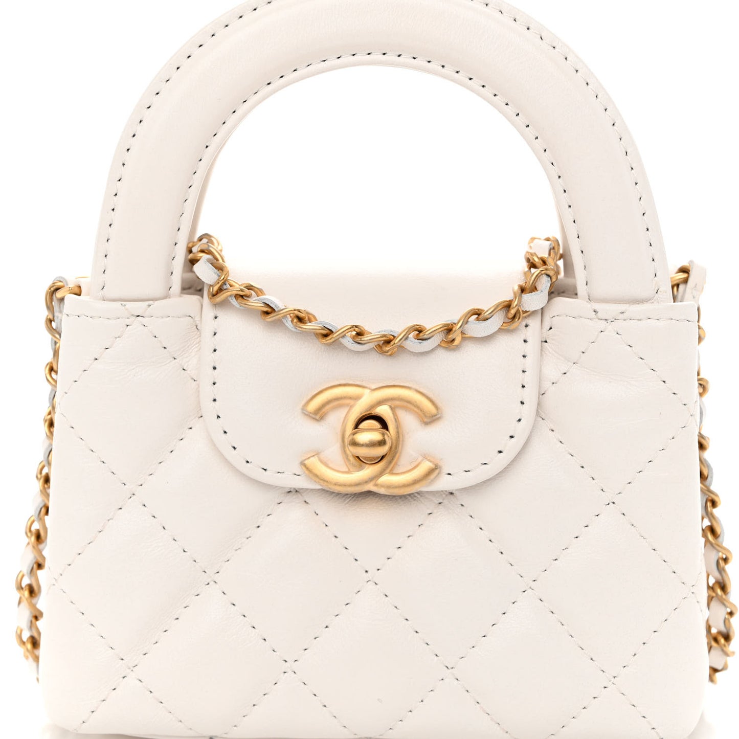 Shiny Aged Calfskin Quilted Mini Nano Kelly Shopper White