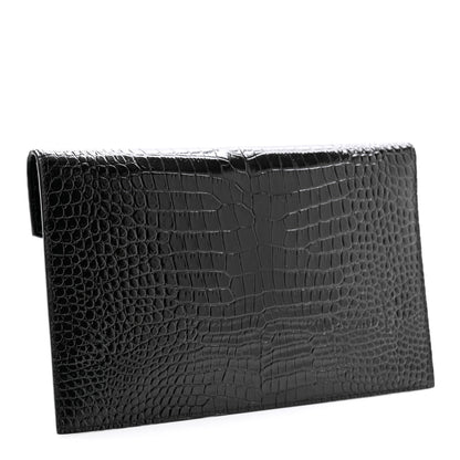 Saint Laurent Calfskin Crocodile Embossed Uptown Monogram Clutch Black 3 of 7