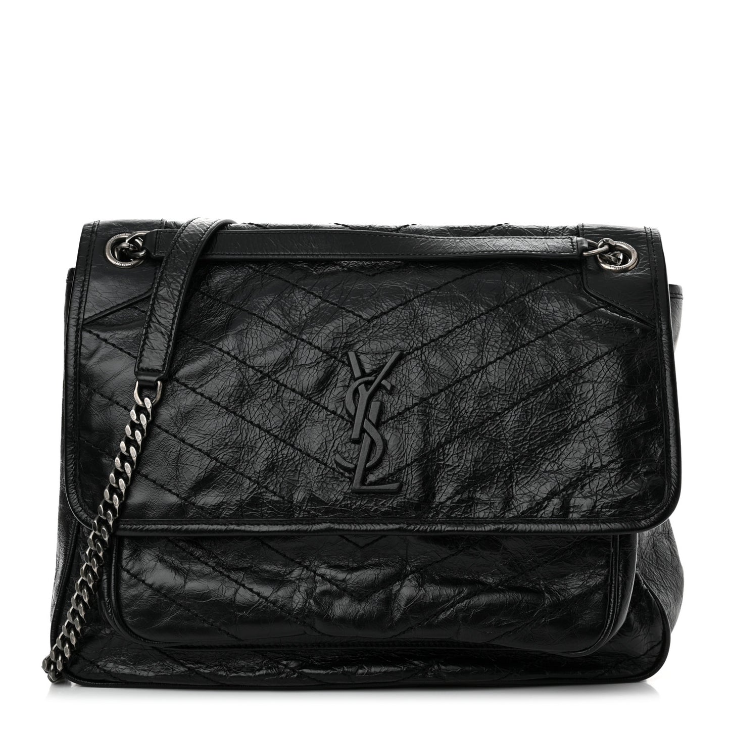 Crinkled Calfskin Matelasse Monogram Large Niki Chain Satchel Black
