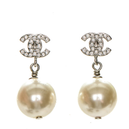 Chanel Crystal Pearl CC Drop Earrings Silver 1 of 5