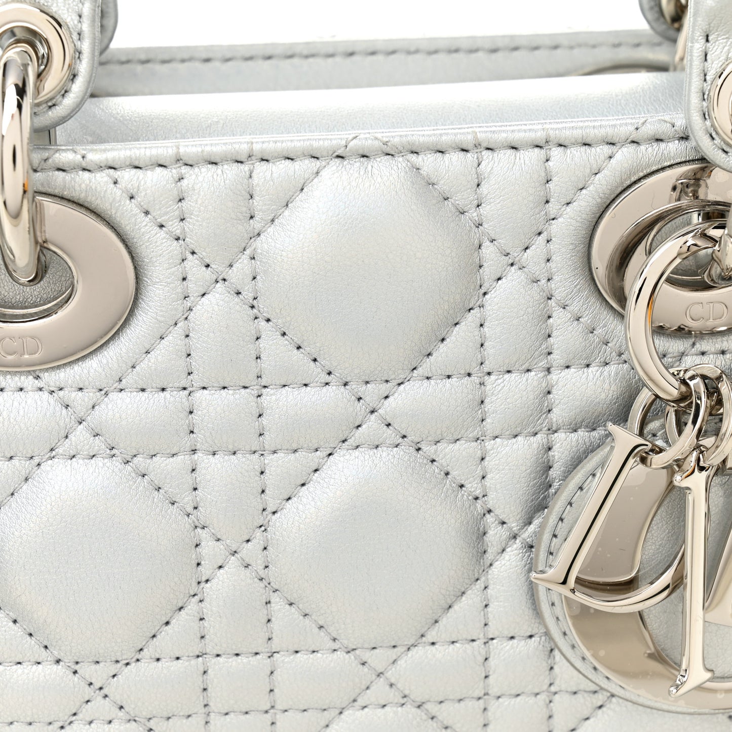 Iridescent Metallic  Lambskin Cannage Medium Lady D-Joy Silver