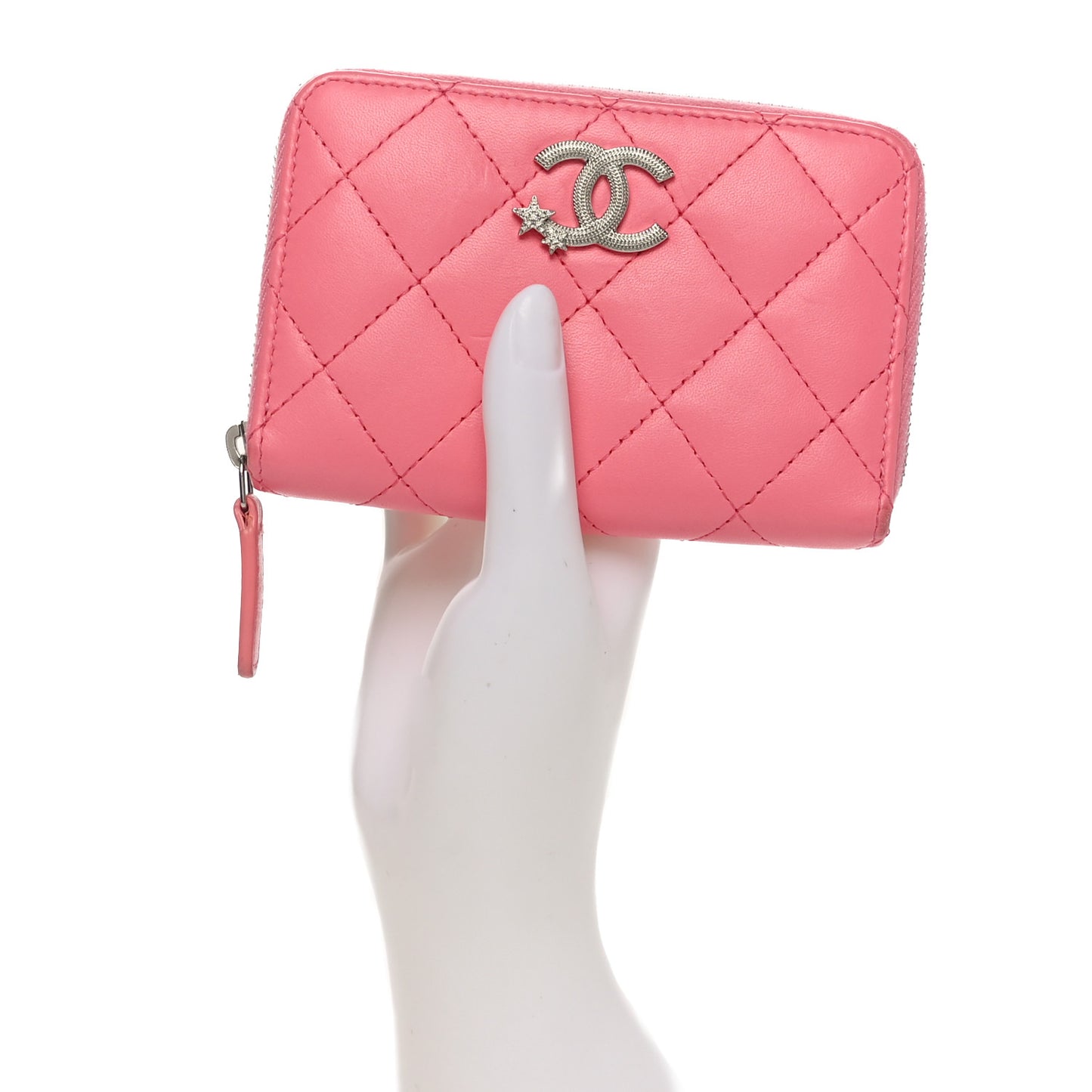 Lambskin Crystal Star Quilted Studded CC Zip Around Card Holder Wallet Pink