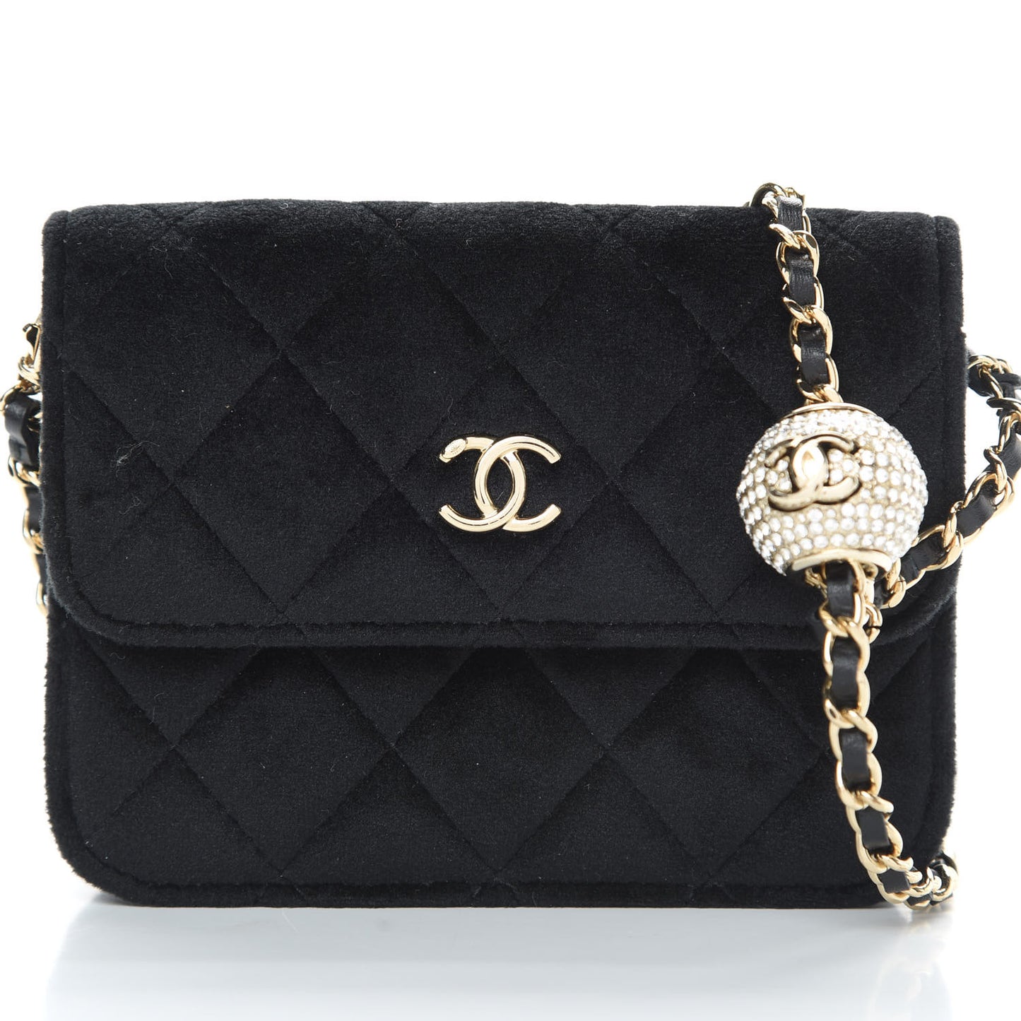 Velvet Quilted Pearl Crush Flap With Chain Black