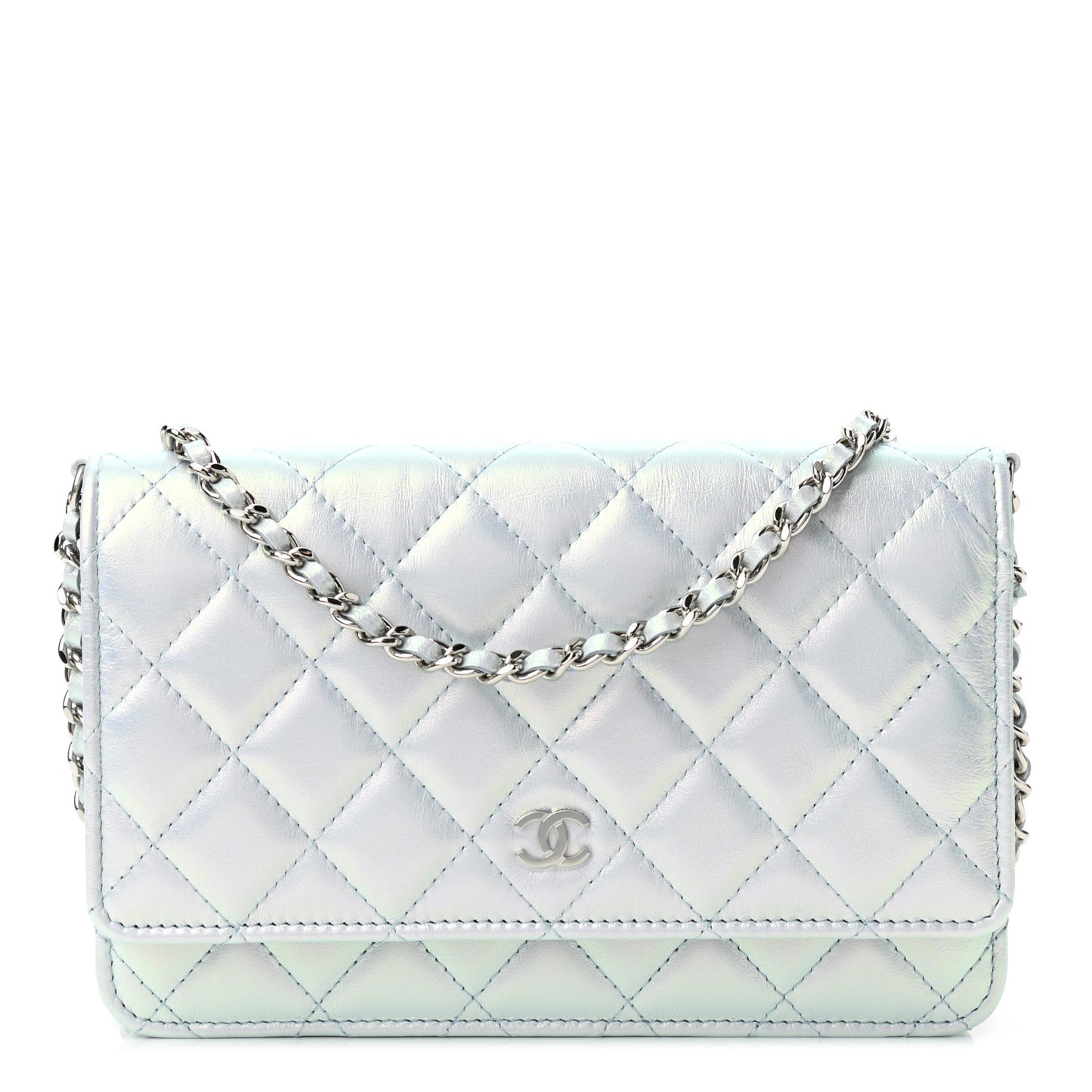 Iridescent Calfskin Quilted Wallet On Chain WOC Light Blue