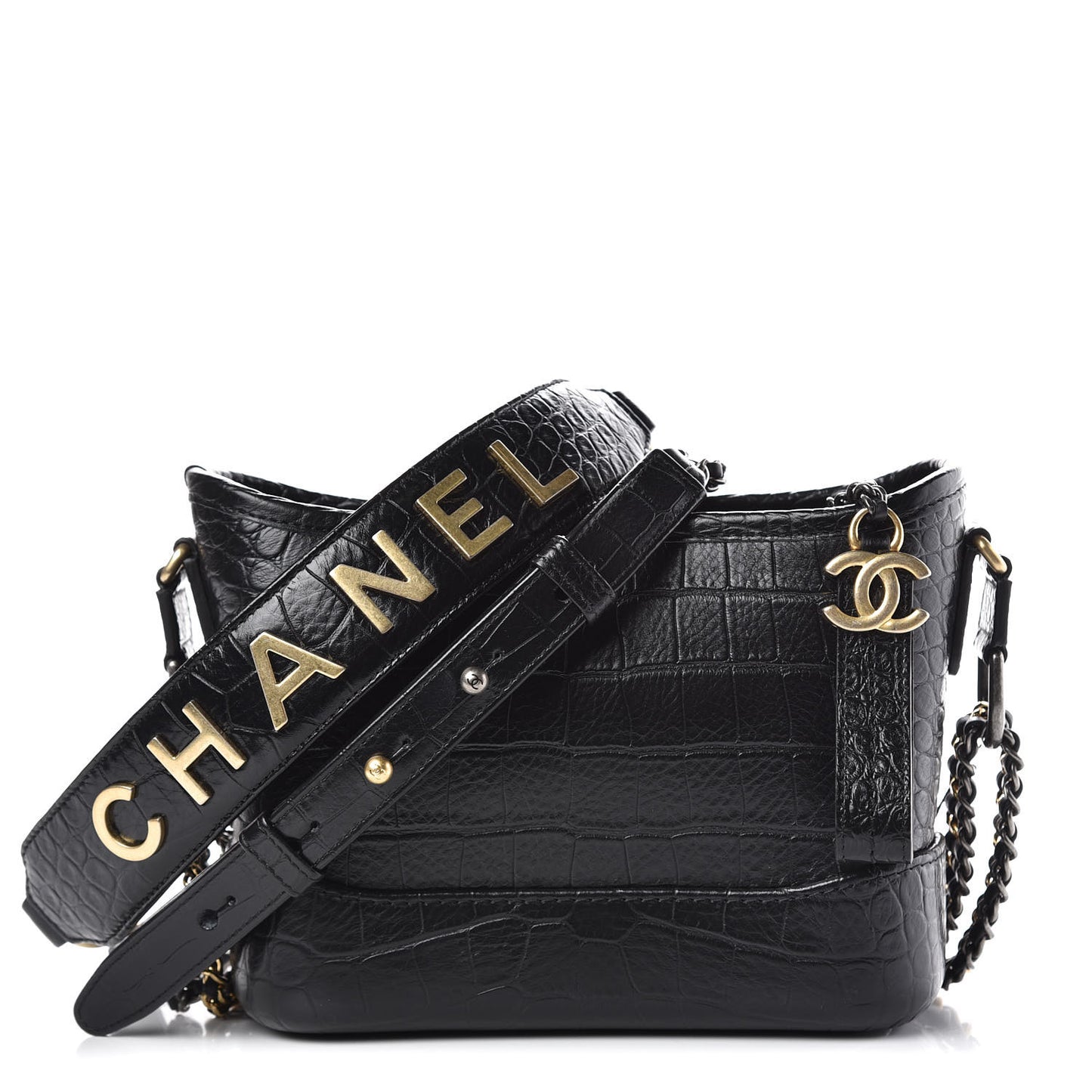 Calfskin Crocodile Embossed Small Gabrielle Cocodile Hobo Black