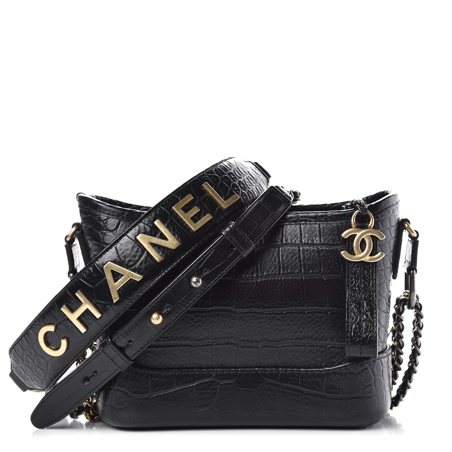 Chanel Calfskin Crocodile Embossed Small Gabrielle Cocodile Hobo Black 1 of 10
