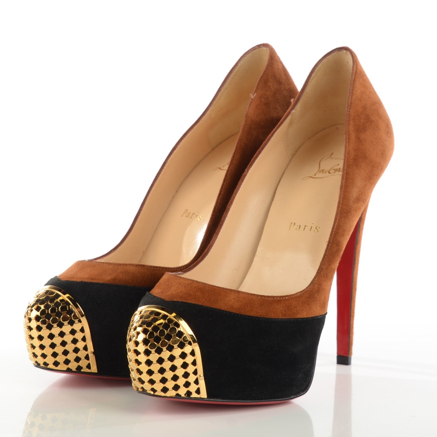 Christian Louboutin Suede Calfskin Maggie 140 Pumps 38.5 Black Brown 5 of 16