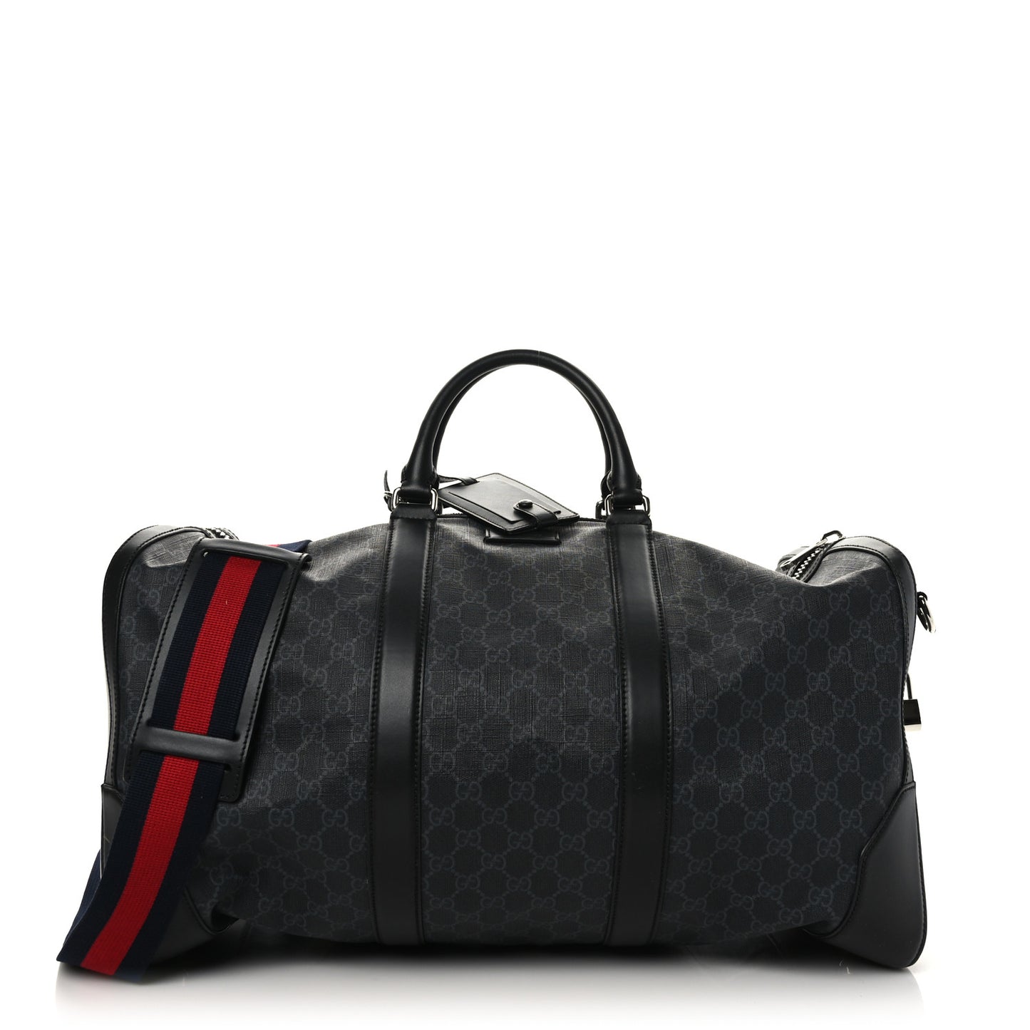 Soft GG Supreme Monogram Appia Calfskin Web Large Carry On Duffle Bag Black Grey