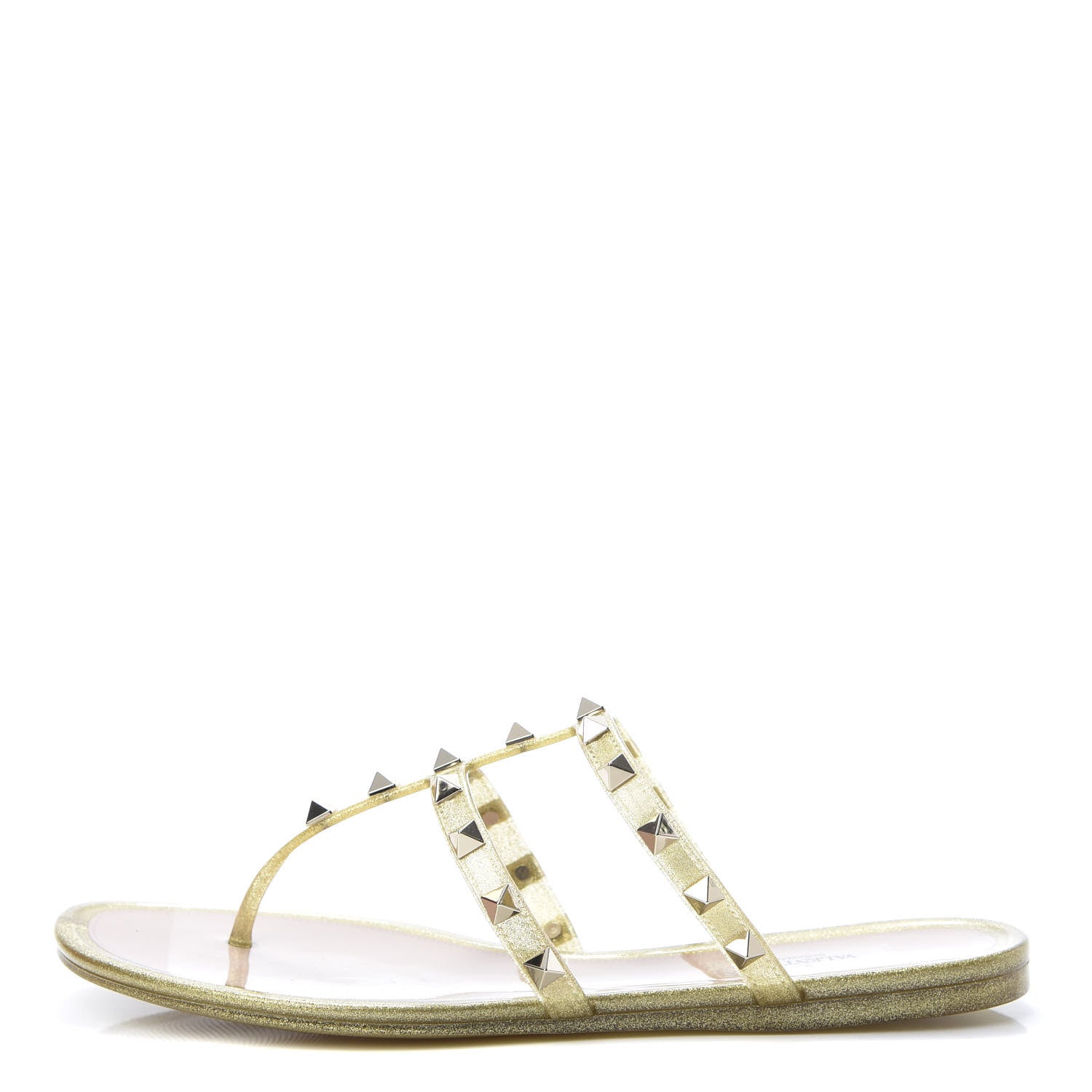 Valentino Garavani PVC Jelly Glitter Rockstud Caged Flat Thong Sandals 38 Oro 1 of 8
