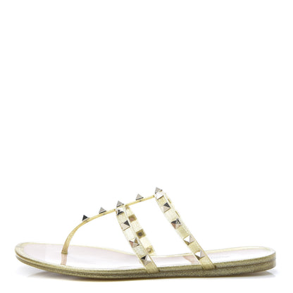 Valentino Garavani PVC Jelly Glitter Rockstud Caged Flat Thong Sandals 38 Oro 1 of 8