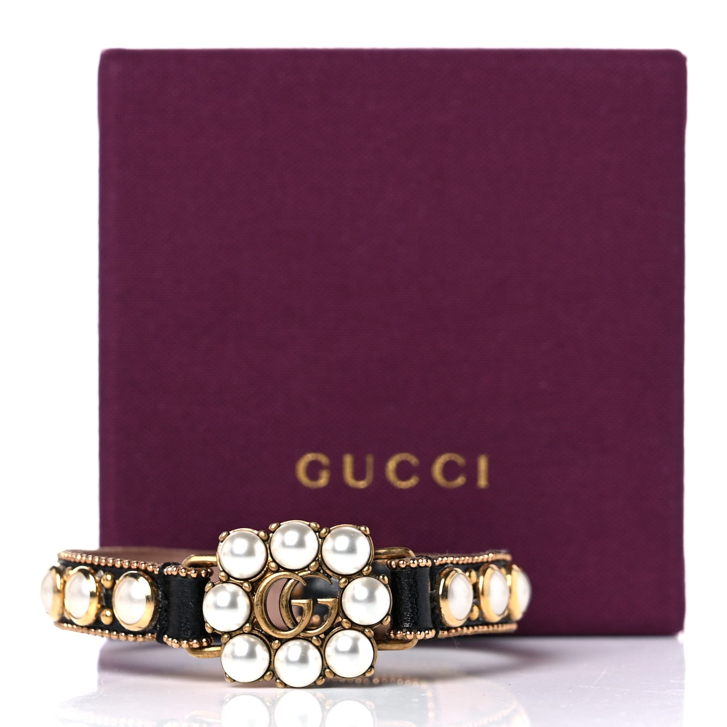Metal Calfskin Crystal Double G Bracelet Black