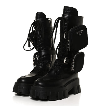 Prada Vitello Lux Nylon Metal Triangle Logo Monolith Pouch Pocket 55mm Tall Combat Boots 36 Black 3 of 12