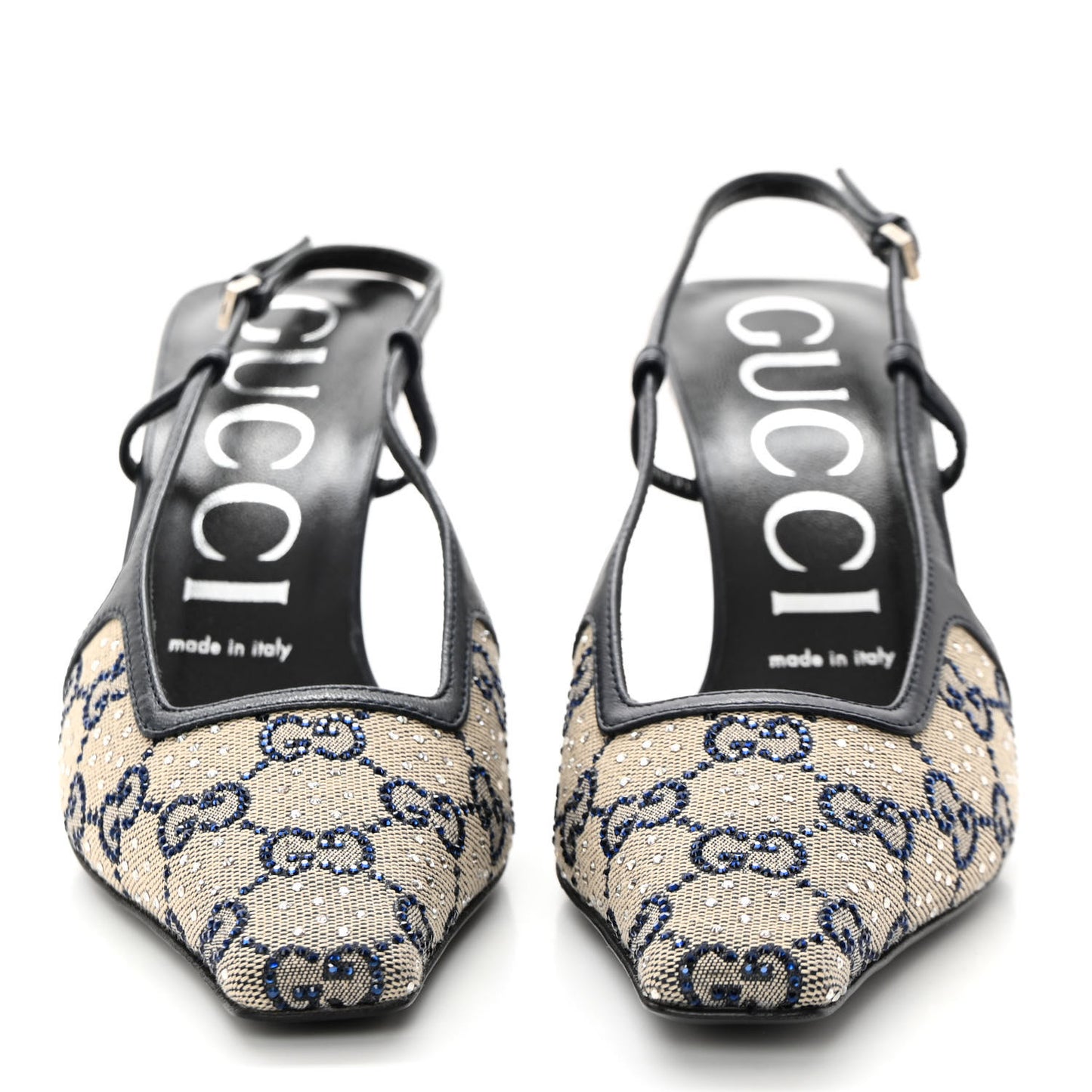 GG Monogram Malaga Kid Crystal Square G 35mm Slingback Pumps 37.5 Beige Blue