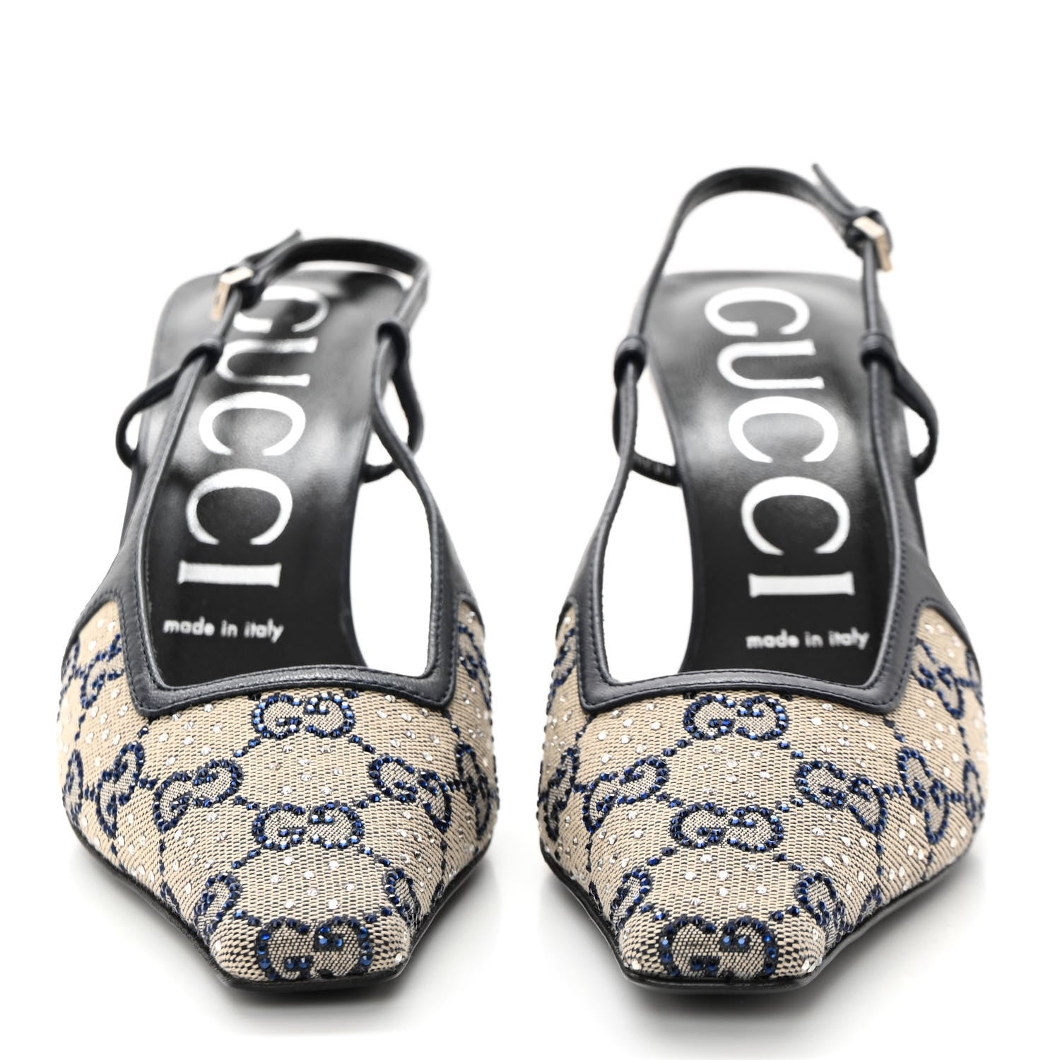 Gucci GG Monogram Malaga Kid Crystal Square G 35mm Slingback Pumps 37.5 Beige Blue 2 of 12