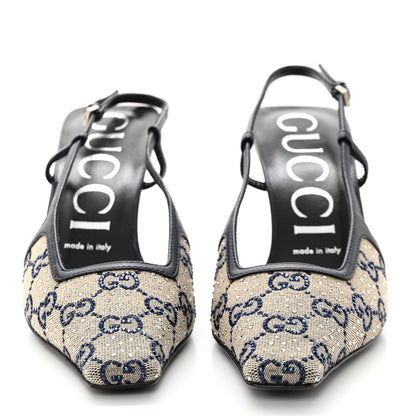 Gucci GG Monogram Malaga Kid Crystal Square G 35mm Slingback Pumps 37.5 Beige Blue 2 of 12