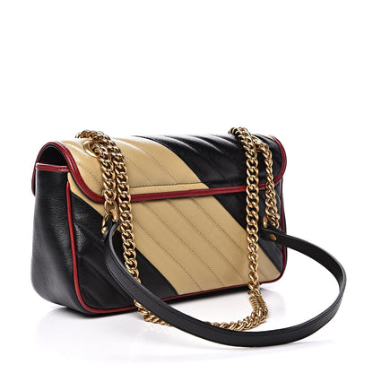Gucci Vintage Effect Calfskin Matelasse Diagonal Striped Small Torchon GG Marmont Shoulder Bag Black Beige 2 of 11